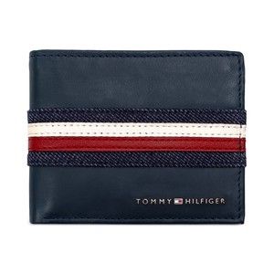 Tommy Hilfiger Men's Denim Stripe Overlay Genuine Leather Passcase Wallet Navy